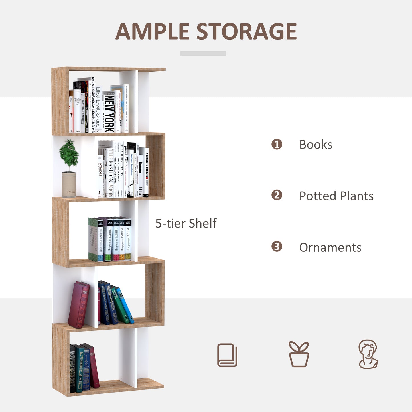 Homcom 5-tier Bookcase Storage Display Shelving S Shape design Unit Divider Natural