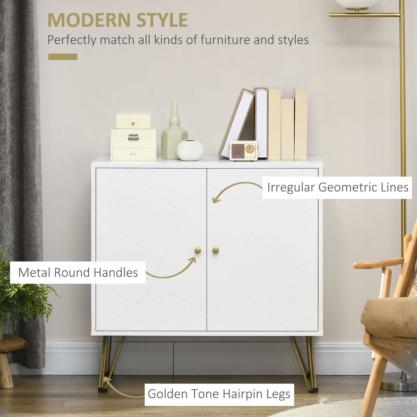 Homcom Storage Cabinet Slim Sideboard with Golden Hairpin Legs Adjustable Shelves for Living Room Dining Room Hallway White