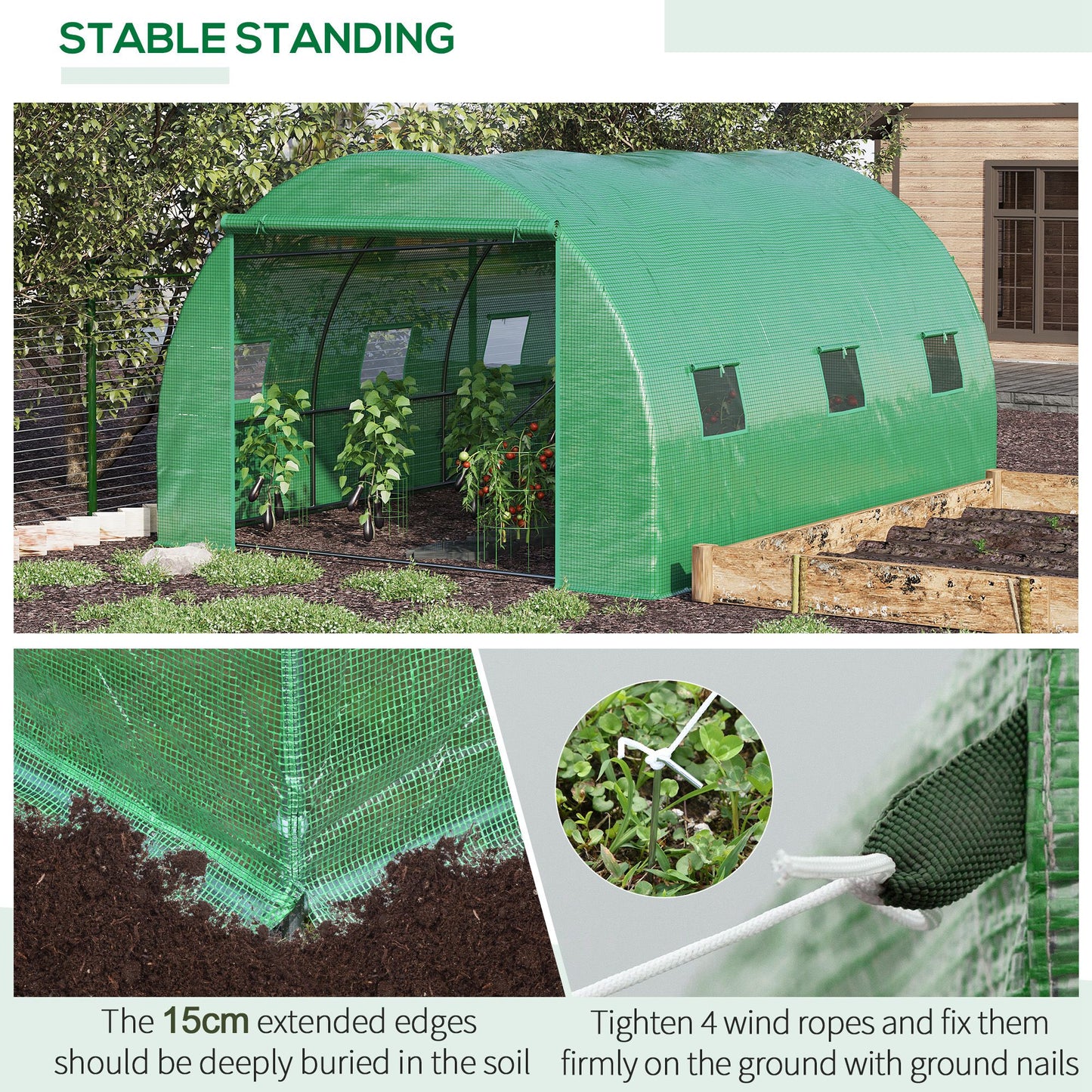 Outsunny Walk-In Tunnel Greenhouse With Pe Cover Zipper Door & Roll Up Window Green