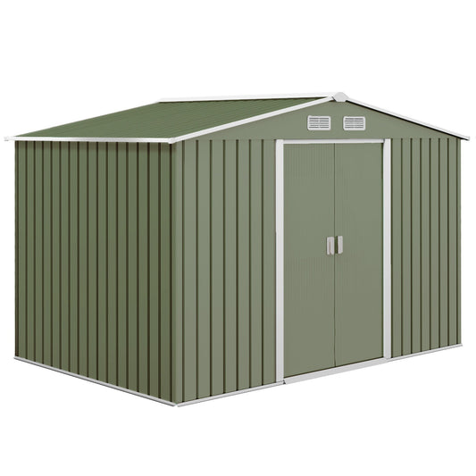 9 x 6ft Metal Garden Shed, Outdoor Storage Tool House with Ventilation Slots, Foundation Kit and Lockable Double Doors, Light Green-0