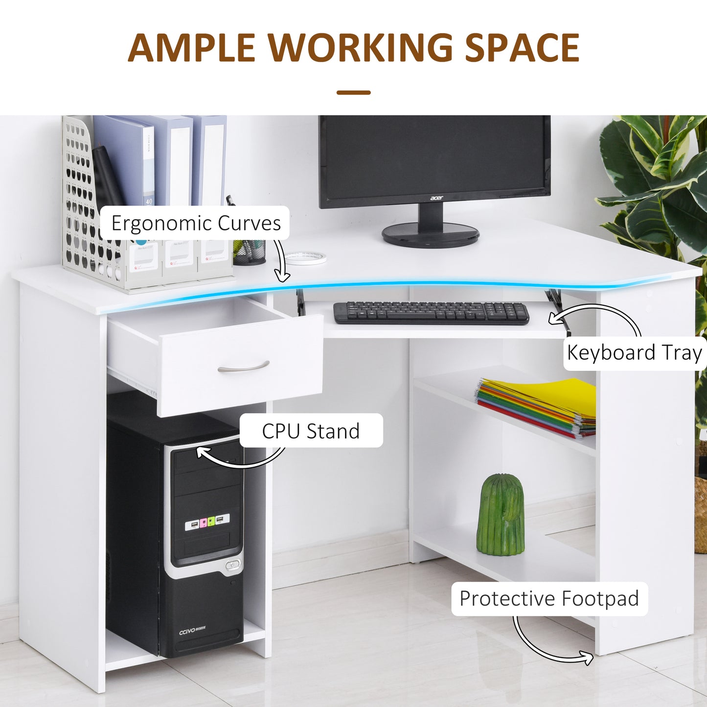 Homcom L-Shaped Corner Computer Desk w/ 2 Shelves Wide Worktop Keyboard Tray Drawer & CPU Stand Home Office Study Bedroom Furniture White