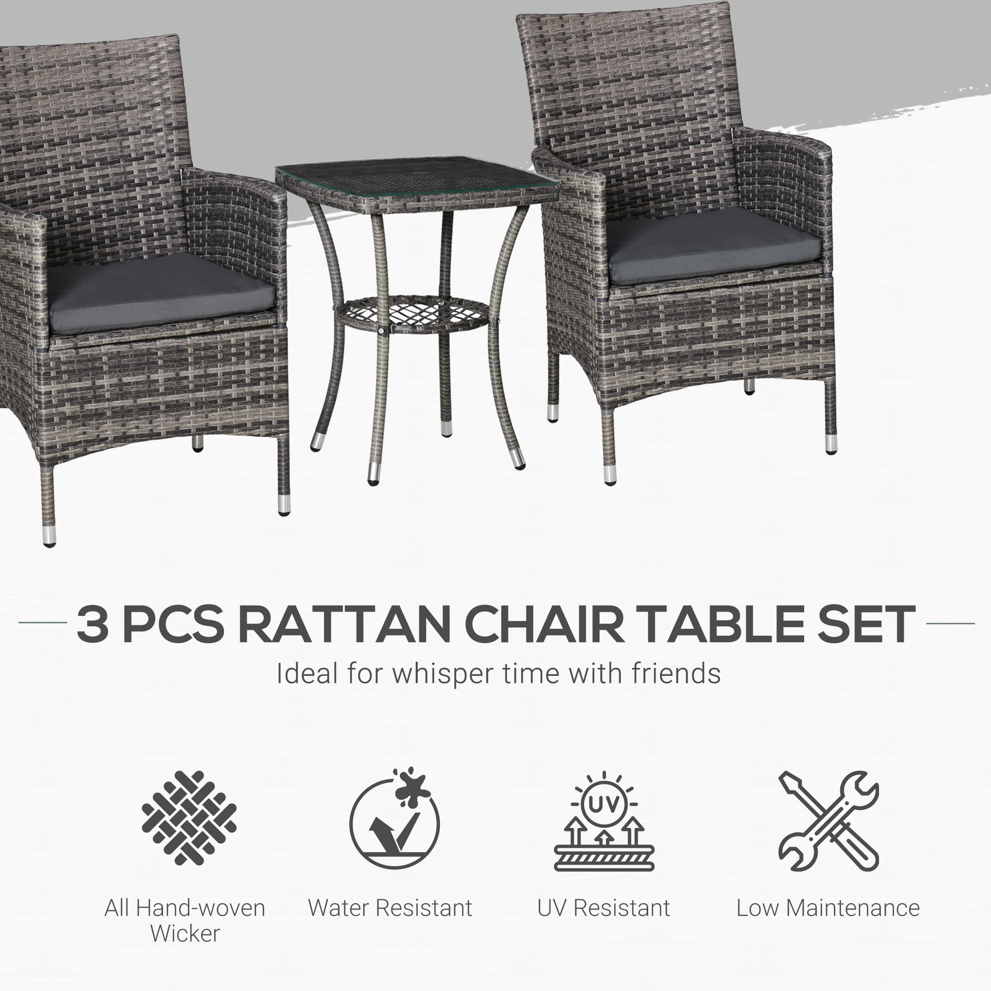 Outsunny Three-Piece Rattan Chair Set With Cushions - Grey