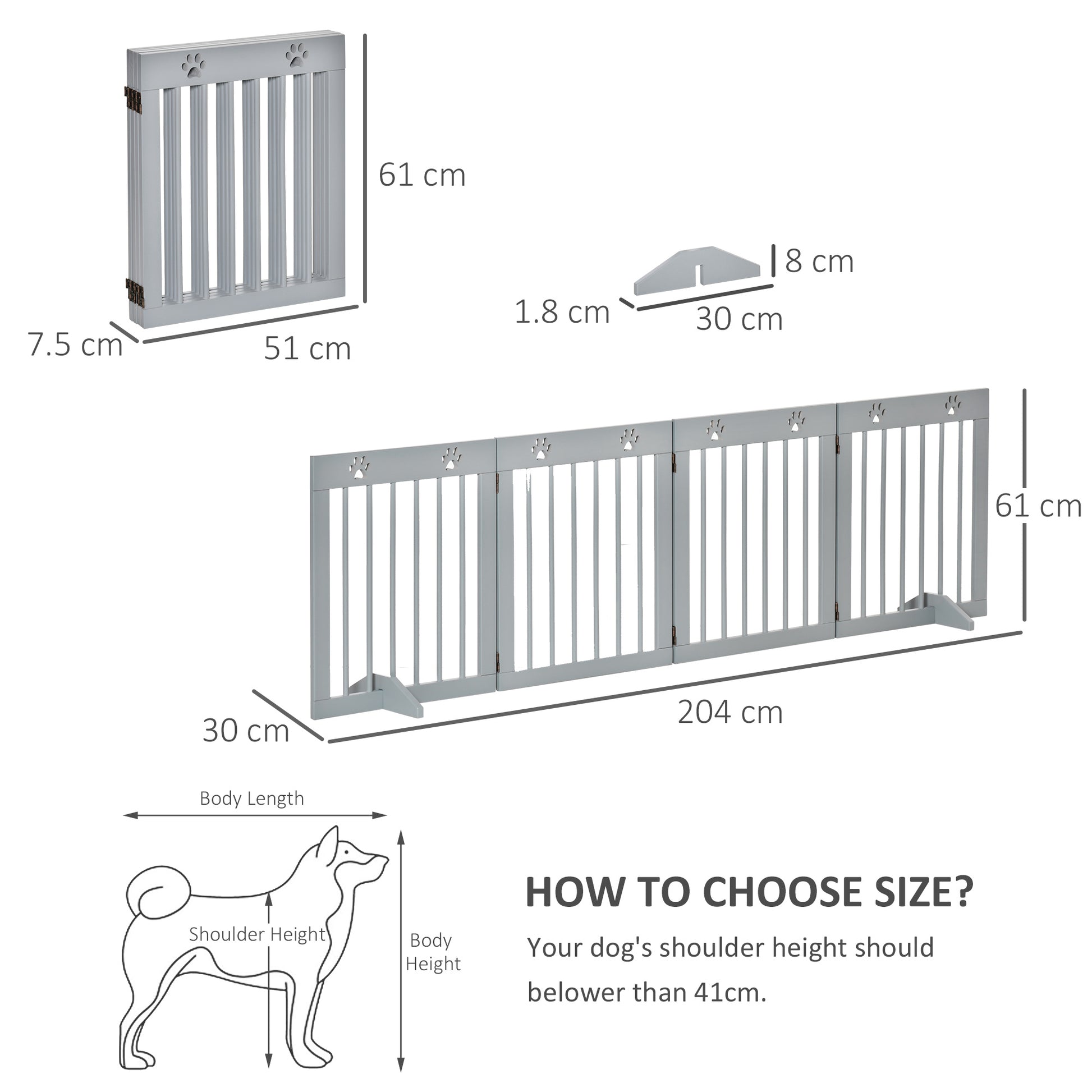 PawHut Freestanding Pet Gate 4 Panel Folding Wooden Dog Barrier w/ Support Feet