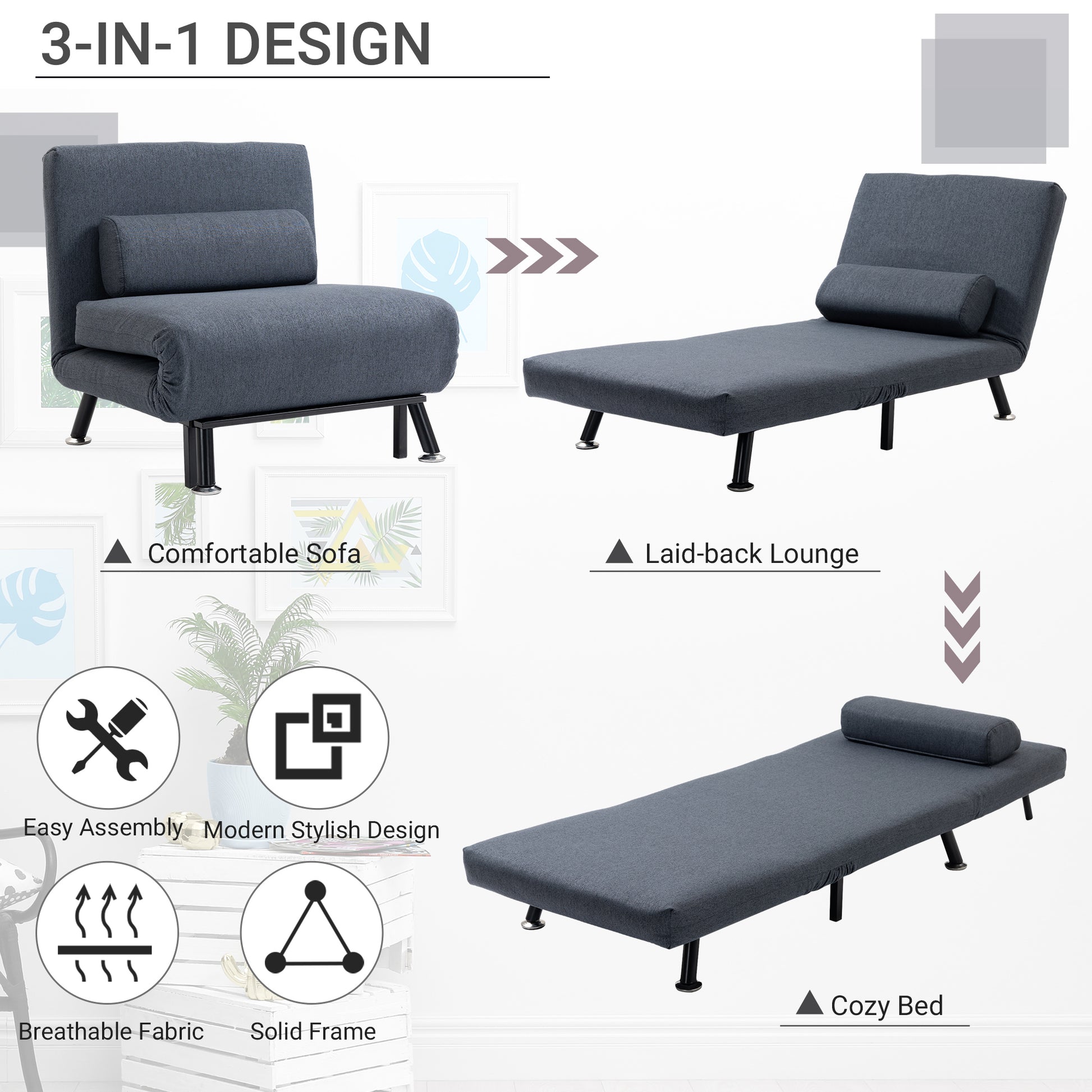 Homcom Adjustable Back Futon Sofa Chair - Dark Grey