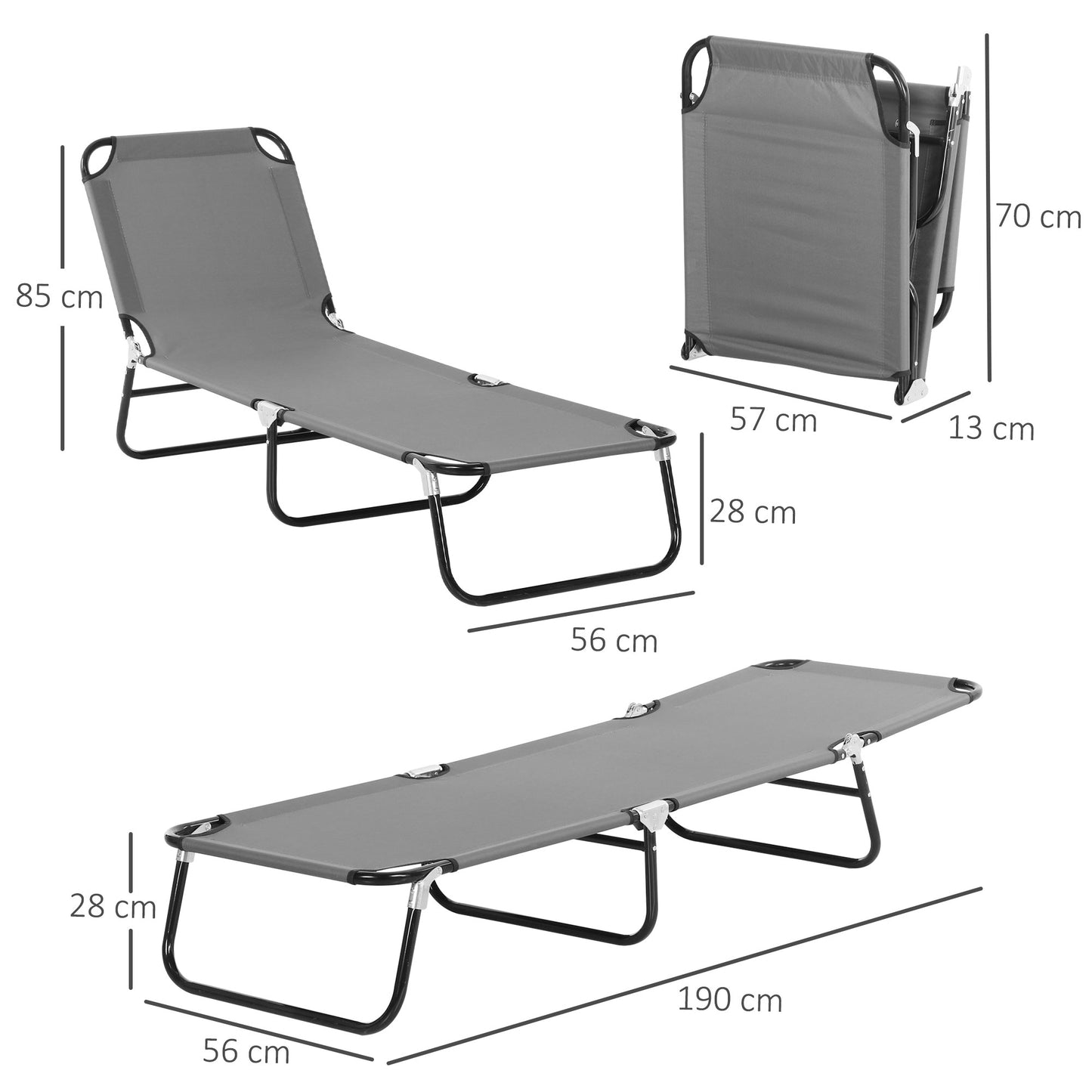 Outsunny Portable Folding Sun Lounger With 5-Position Adjustable Backrest Relaxer Recliner with Lightweight Frame Great for Pool or Sun Bathing Grey