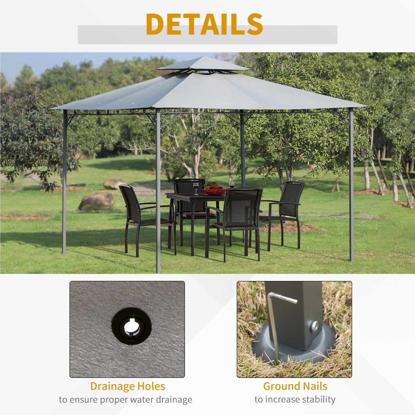 Outsunny 3x3(m) Outdoor Patio Gazebo Steel Canopy Tent Pavilion 2-Tier Roof Top Garden Sunshade Grey