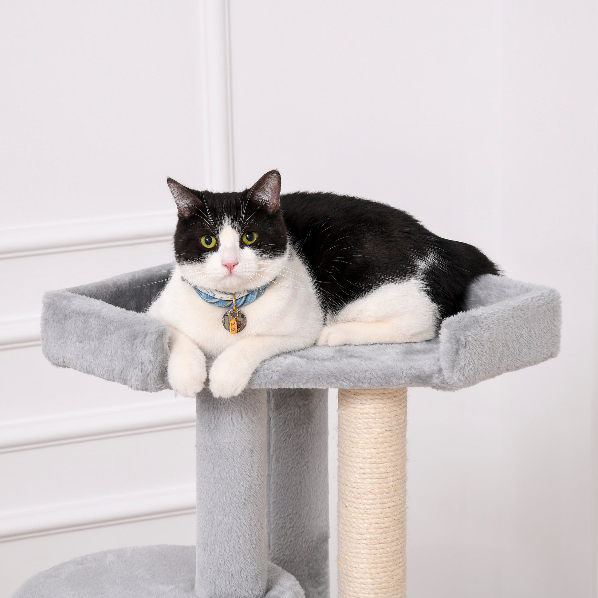 PawHut ?55 x 150H cm Cat Tree Multi-level Kitten Tower w/ Scratching Post Condo Plush Perches Grey