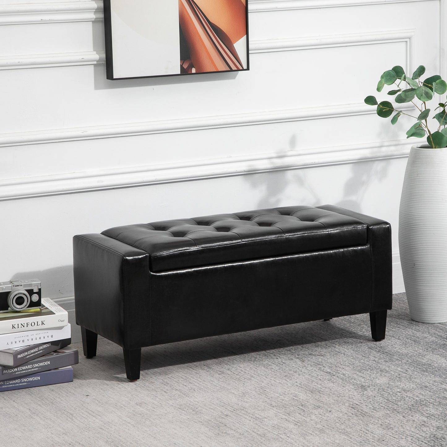 Homcom PU Leather Storage Ottoman Bench Storage Chest Tufted Ottoman Cube w/ Flipping Top 92L x 40W x 40H cm Black