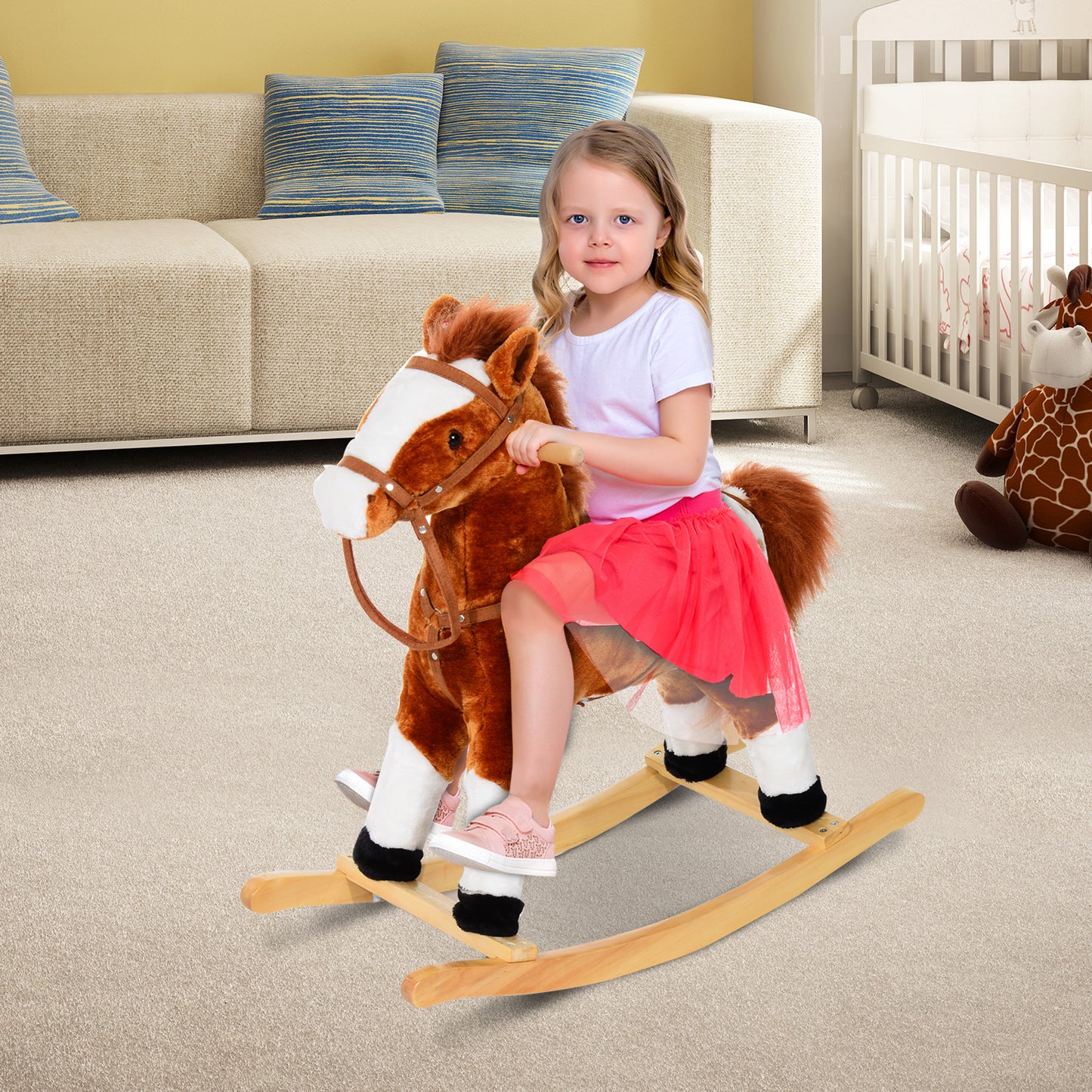 Homcom Children Plush Rocking Horse with Sound-Brown