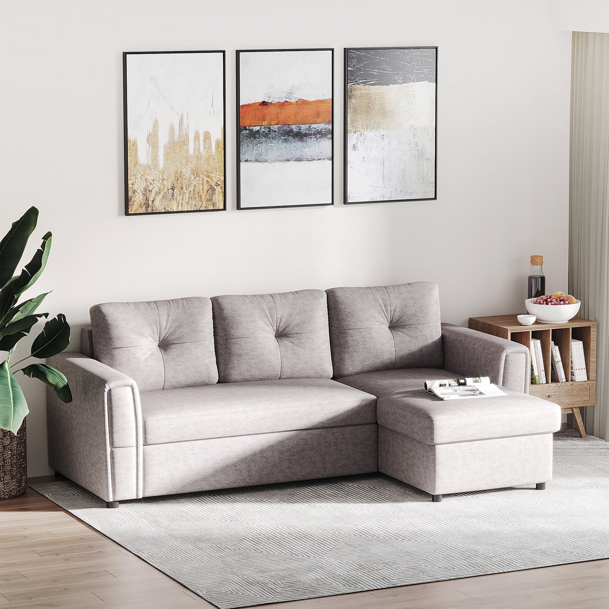 Homcom Linen-Look 'L' Storage Sofa Bed - Light Grey