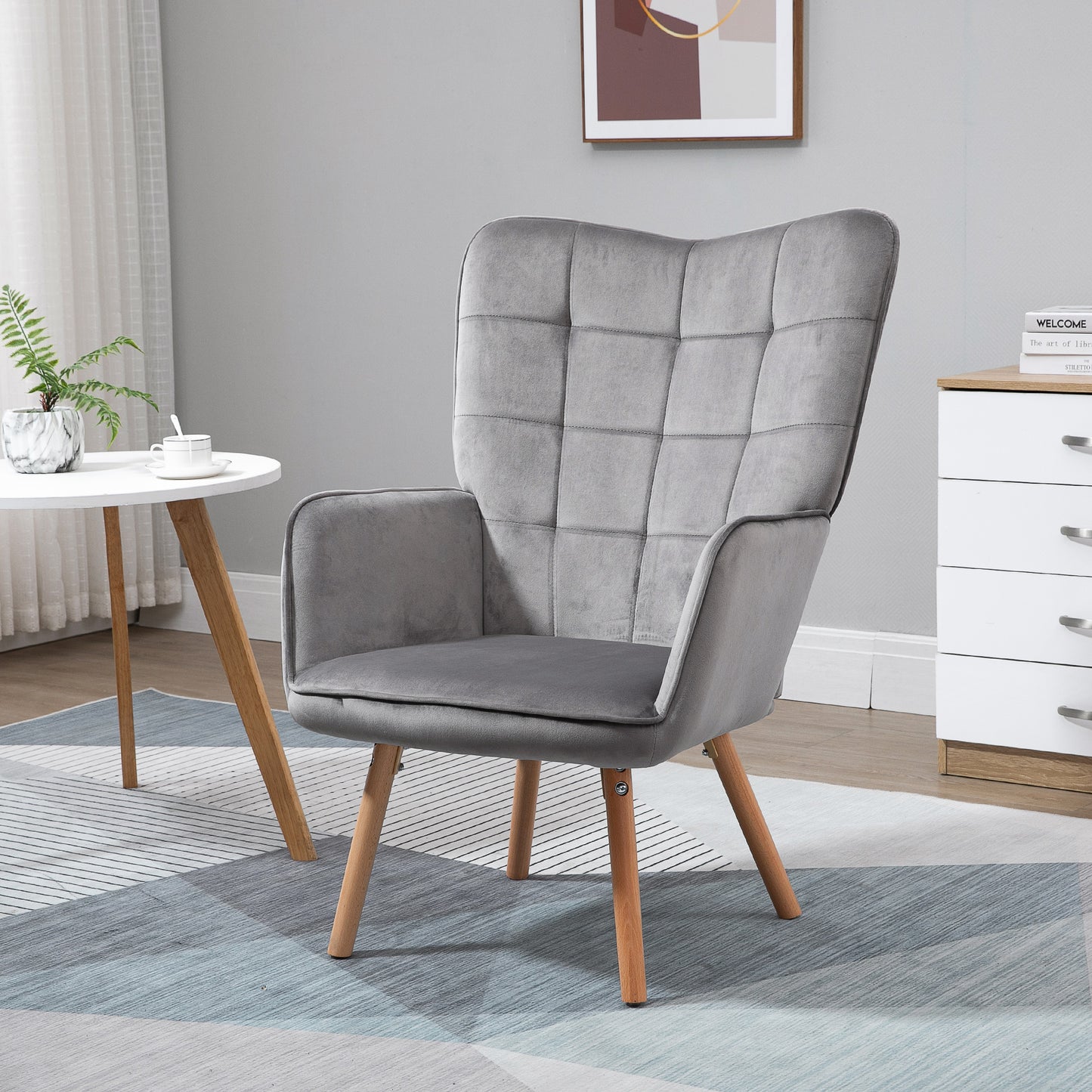 Homcom Accent Chair VelvetTufted Wingback Armchair Club Chair with Wood Legs Grey