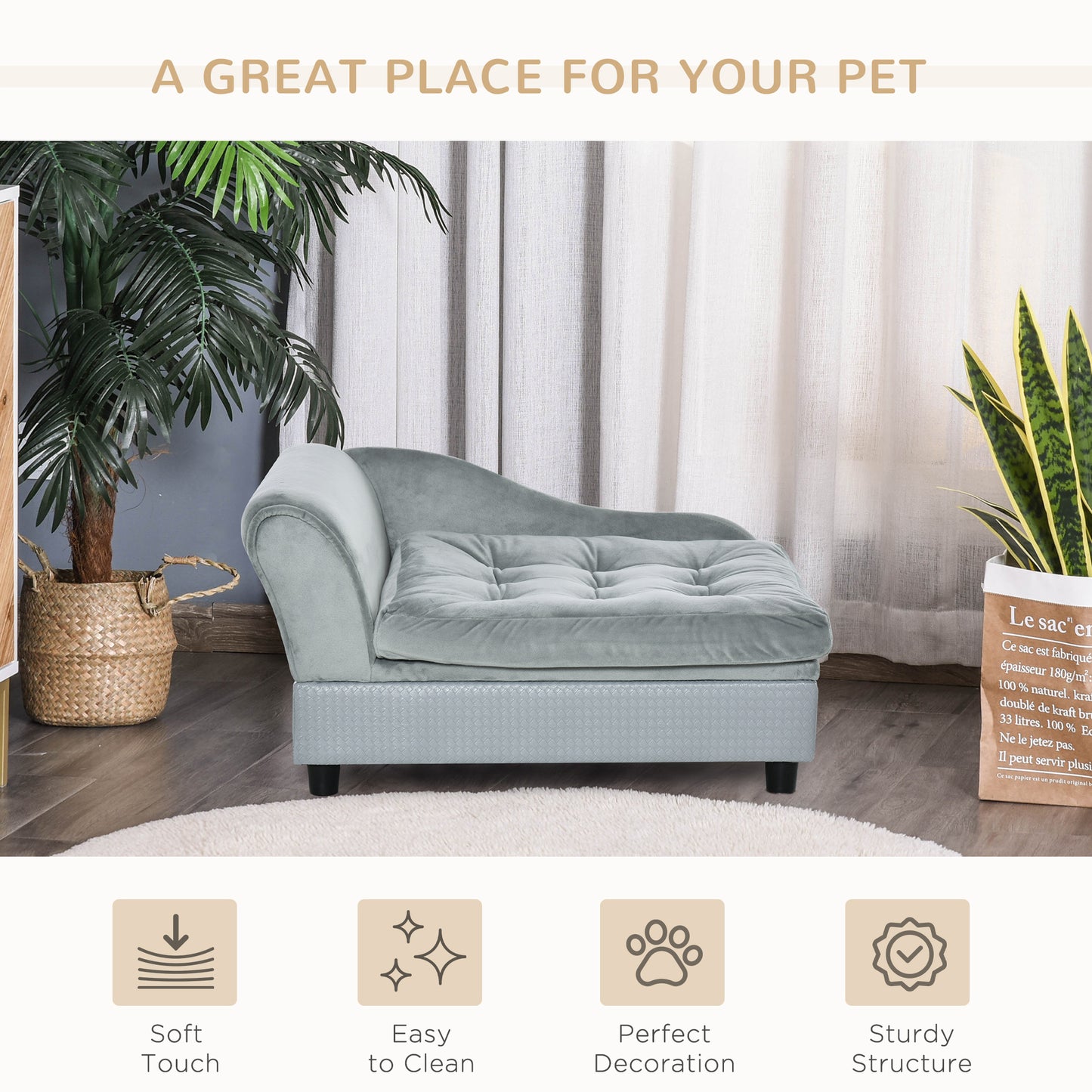 Pawhut Dog Sofa With Storage Pet Chair For Small Dogs Cat Couch With Soft Cushion Light Blue 76 X 45 X 41.5 cm