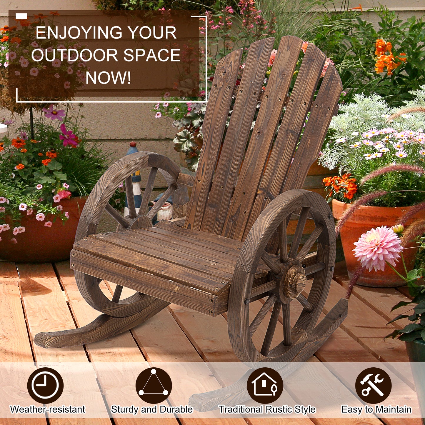 Outsunny Wooden Adirondack Rocking Chair Reclining Armchair Outdoor Garden Furniture Patio Porch Rocker - Carbonized Wood Colour