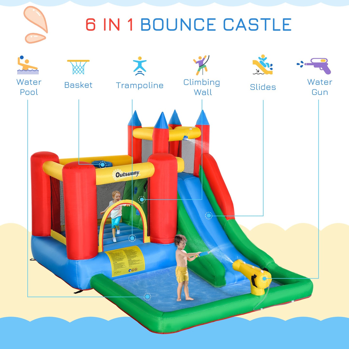 Outsunny Kids Inflatable Bouncy Castle Water Slide 6 In 1 Bounce House Jumping Castle Water Pool Gun Climbing Wall Basket With Air Blower For Summer Playland