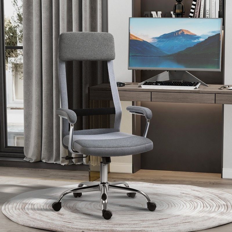 Vinsetto Office Chair Linen-Feel Mesh Fabric High Back Swivel Computer Task Desk Chair For Home With Arm Wheels Grey