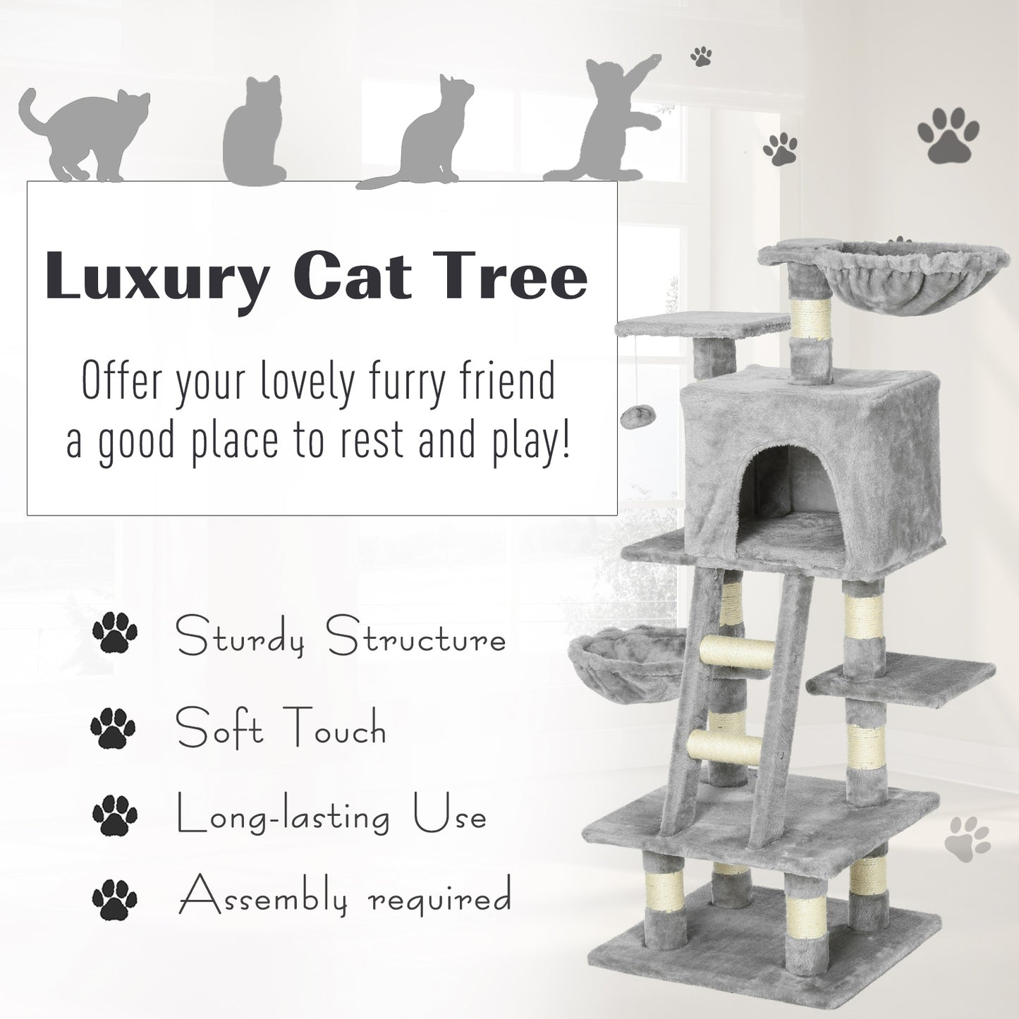 PawHut Cats 6-Tier Sisal Rope Activity Tree w/ Dangle Toy Grey