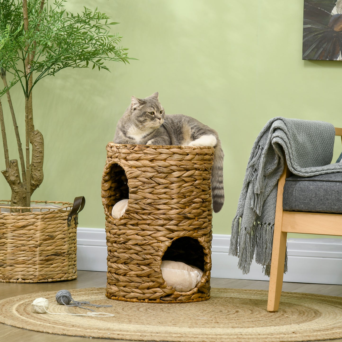 PawHut 47cm Cat Barrel Tree for Indoor Cats with 2 Cat Houses