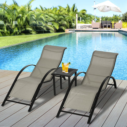 Outsunny 3 Pieces Lounge Chair Set Metal Frame Garden Outdoor Recliner Sunbathing Chair with Table