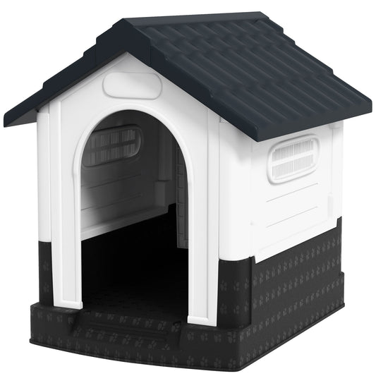 Plastic Dog Kennel with Windows, for Garden Patio, Miniature Dogs, 64.5 x 57 x 66cm - Grey-0