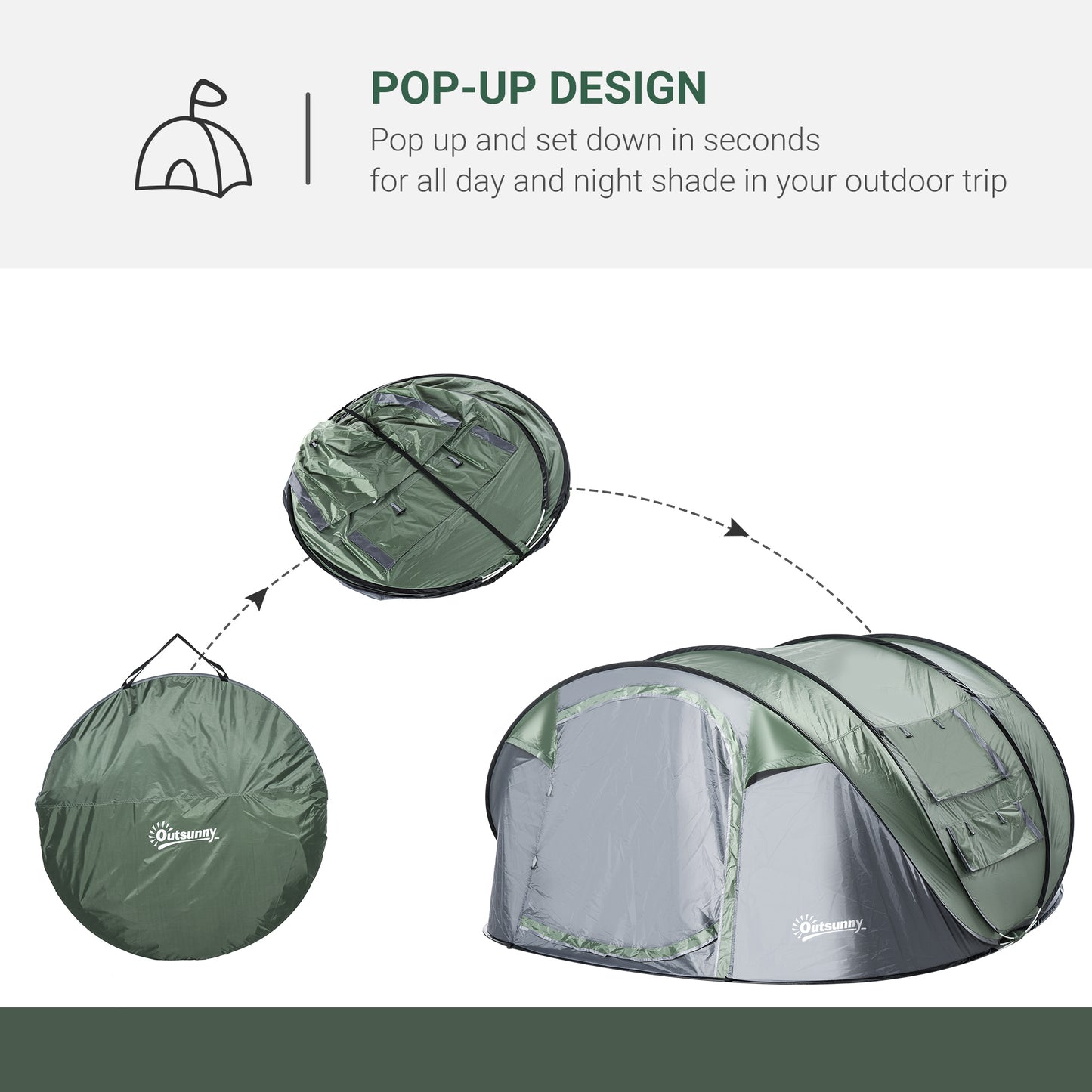 Outsunny 4-5 Person Pop-up Camping Tent Waterproof Family Tent w/ 2 Mesh Windows & PVC Windows Portable Carry Bag for Outdoor Trip Dark Green