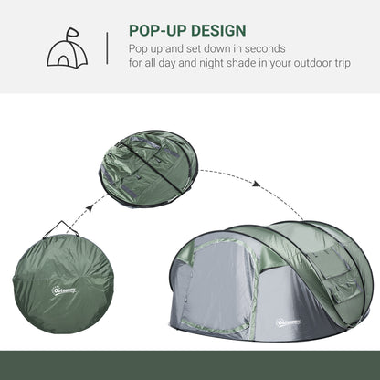 Outsunny 4-5 Person Pop-up Camping Tent Waterproof Family Tent w/ 2 Mesh Windows & PVC Windows Portable Carry Bag for Outdoor Trip Dark Green