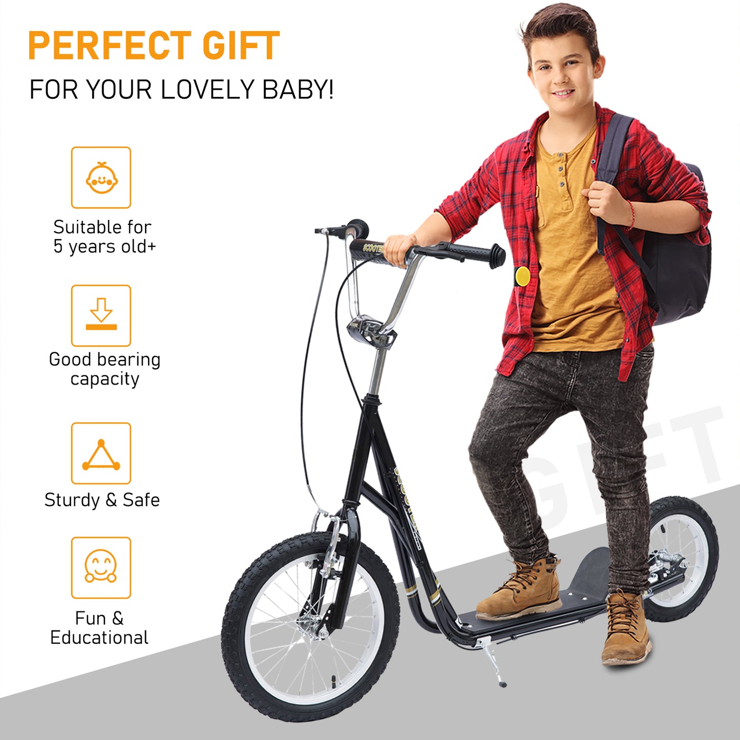 Homcom Teen Stunt Scooter Push Kick Scooters for Kids with Rubber Wheels Adjustable Handlebar Front Rear Dual Brakes Kickstand