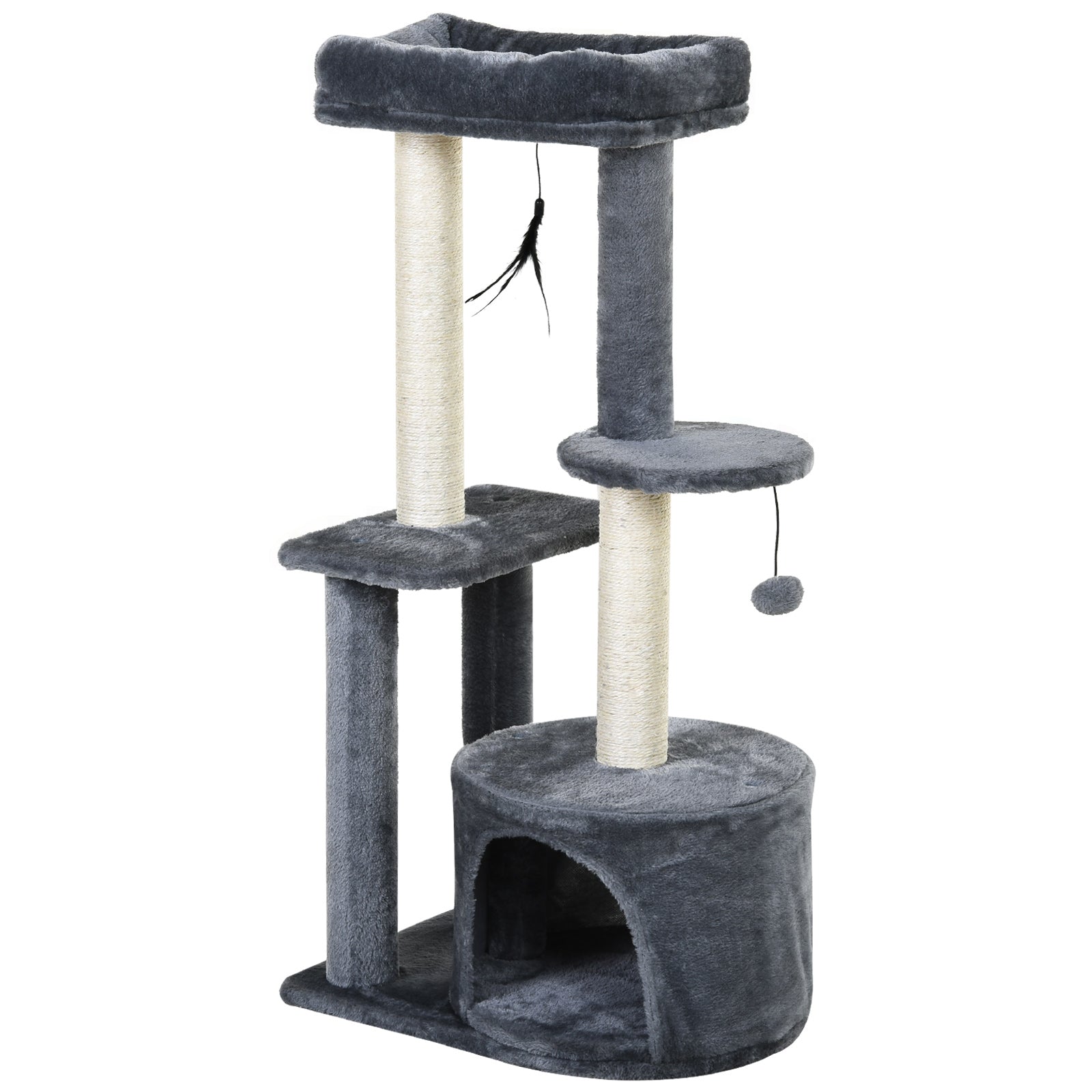 PawHut Cat Tree for Indoor Cats Kitten Tower w/ Perch House Scratching Post Platform Play Ball Plush Covering Play Rest Relax Grey White