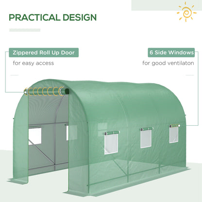 Outsunny 3.5 X 2M Walk-In Polytunnel Greenhouse With Steel Frame Pe Cover Roll-Up Door And 6 Windows Green