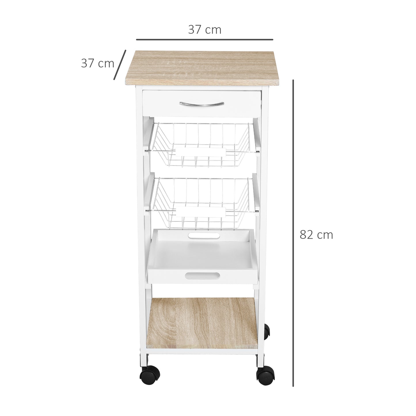 Homcom Mobile Rolling Kitchen Island Trolley for Home w/ Metal Baskets Trays Shelves Wheels Compact Stylish Storage White