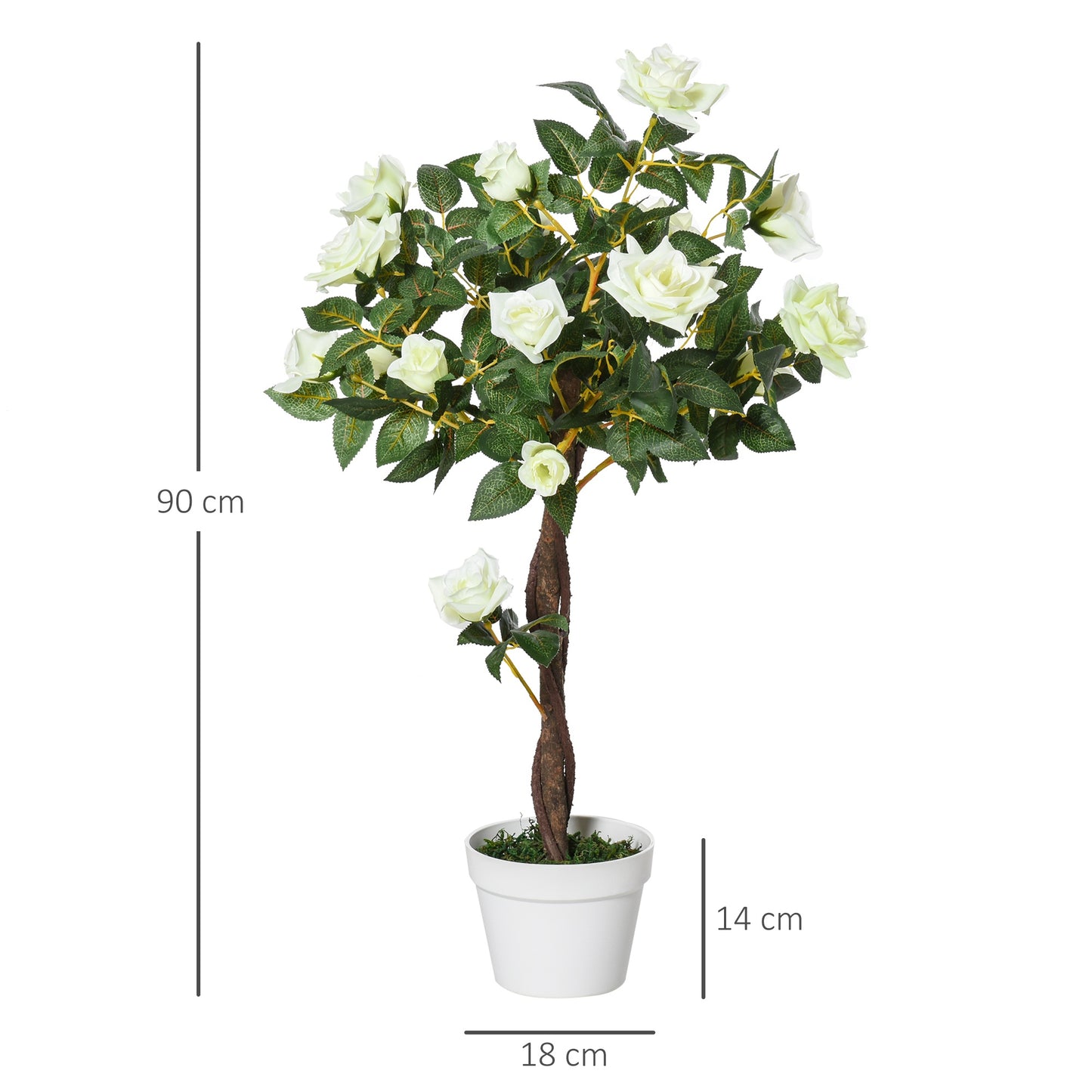 Outsunny 90cm/3Ft Artificial Rose Tree Fake Decorative Plant W/ 21 Flowers Pot Indoor Outdoor Faux Decoration Home Office Dcor White & Green