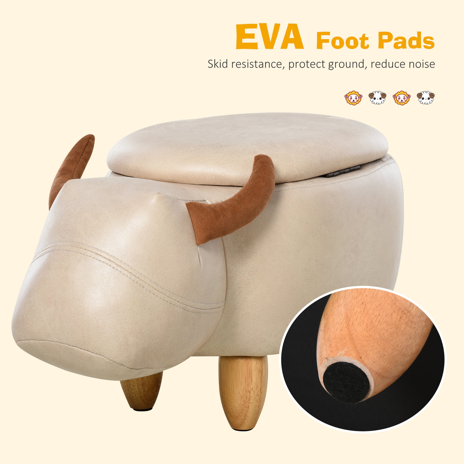 Homcom Animal footstool Buffalo Storage Stool Cute Kids Decoration Wood Frame Legs w/Padding Lid Ottoman Furniture Ivory