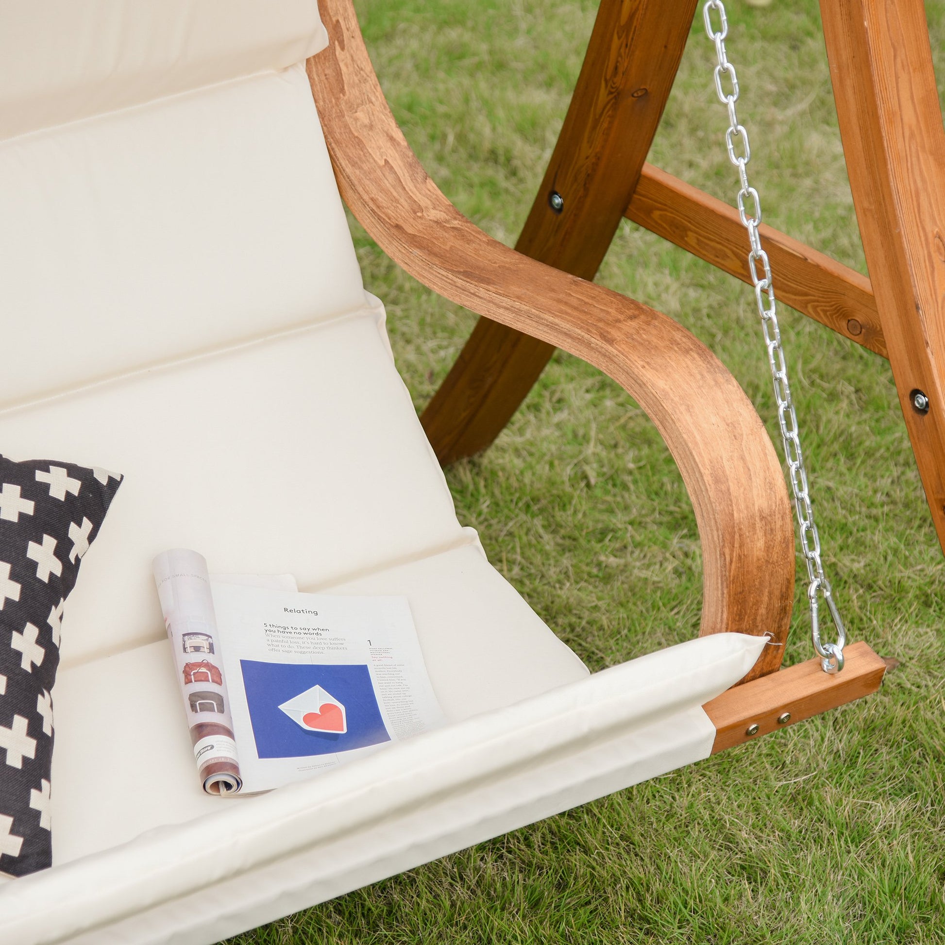 Outsunny Wooden Porch A-Frame Swing Chair With Canopy and Cushion for Patio Garden Yard