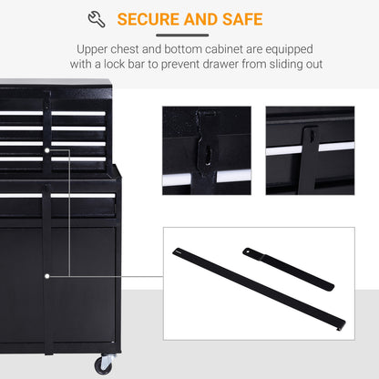 DURHAND Tool Chest 2 in 1 Metal Tool Cabinet Storage Box with 5 Drawers Pegboard Wheels 60x28x104.5cm Black