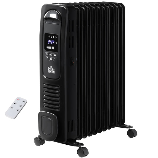 Homcom 2720W Digital Display Oil Filled Radiator 11Fin Portable Electric Heater w/ Built-in Timer Three Heat settings Safety switch Remote Control - Black