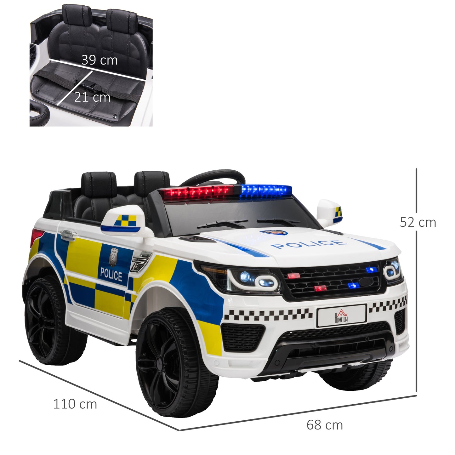 Homcom 12V Kid Electric Ride On Police Car w/ Remote Siren Light Bluetooth 3-6 Years