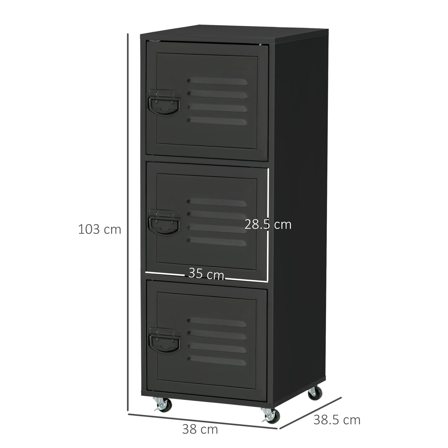 Homcom Rolling Storage Cabinet 3-Tier Mobile File Cabinet with Wheels & Metal Doors for Home Office