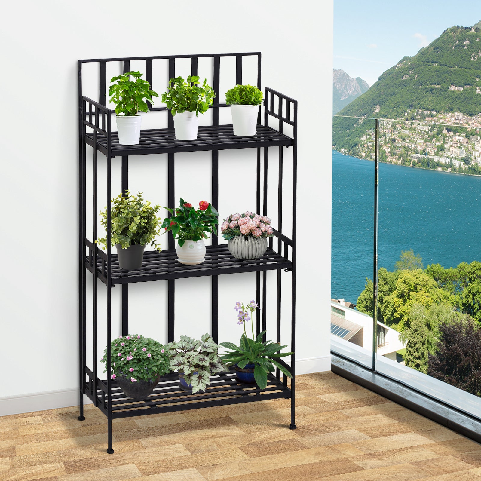 Outsunny Portable 3-Tier Plant Stand 61Lx29.5Wx120H cm Metal-Black