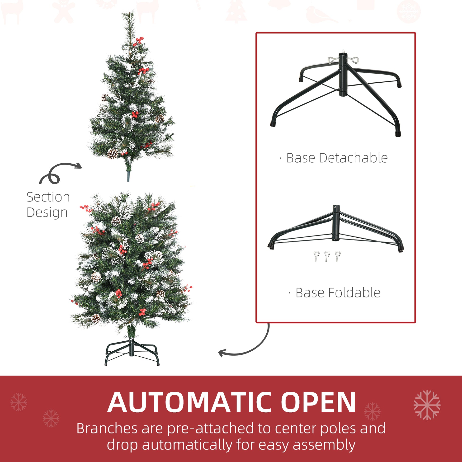 Homcom 5FT Snow Dipped Artificial Christmas Tree Slim Pencil Xmas Tree with 402 Realistic Branches