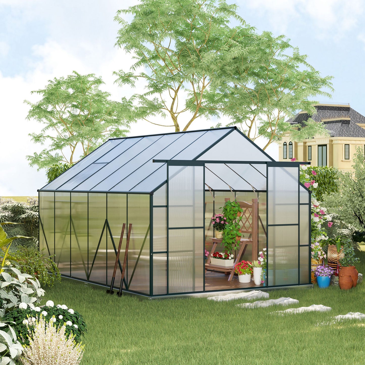 Outsunny Aluminum Greenhouse Polycarbonate Walk-in Garden Greenhouse Kit with Adjustable Roof Vent