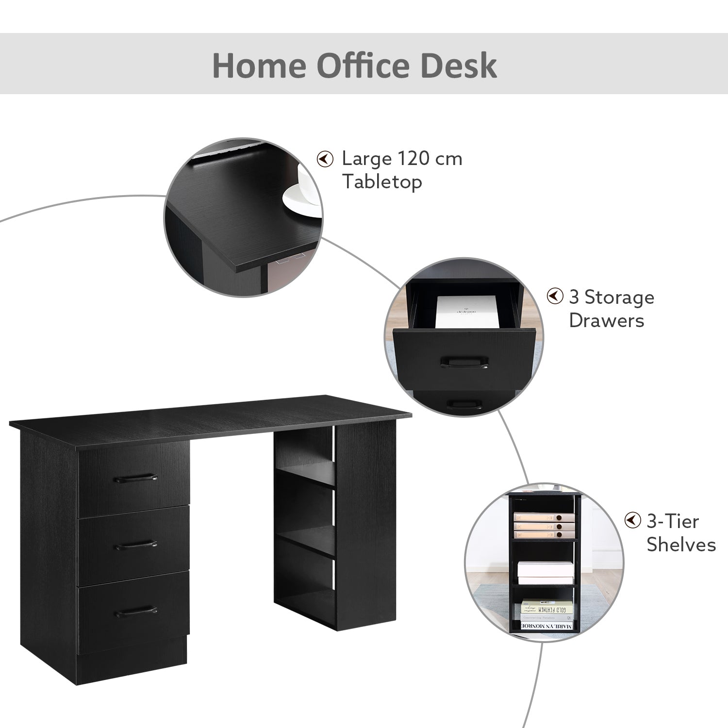 Homcom 120cm Computer Desk With Storage Shelves Drawers Writing Table Study Workstation For Home Office Black