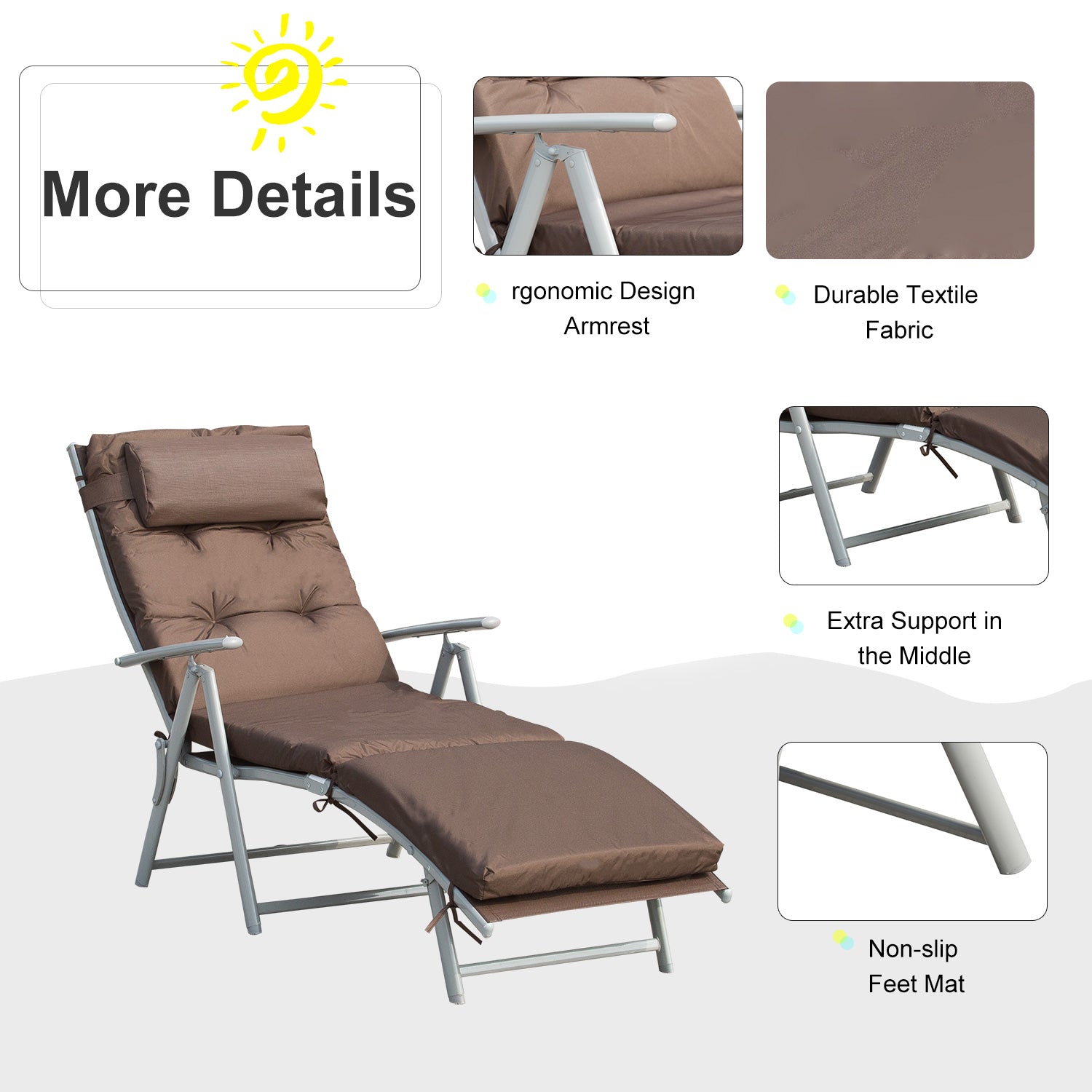 Outsunny Outdoor Patio Sun Lounger Garden Texteline Foldable Reclining Chair Pillow Adjustable Recliner with Cushion - Brown