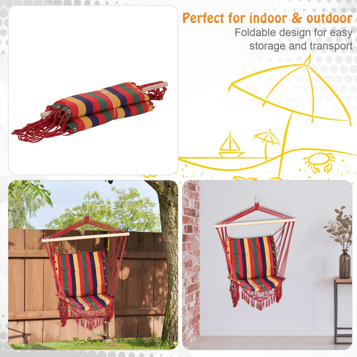 Outsunny Hammock Chair Swing Colourful Striped Tree Hanging Seat Porch Indoor Outdoor Fabric Garden Furniture