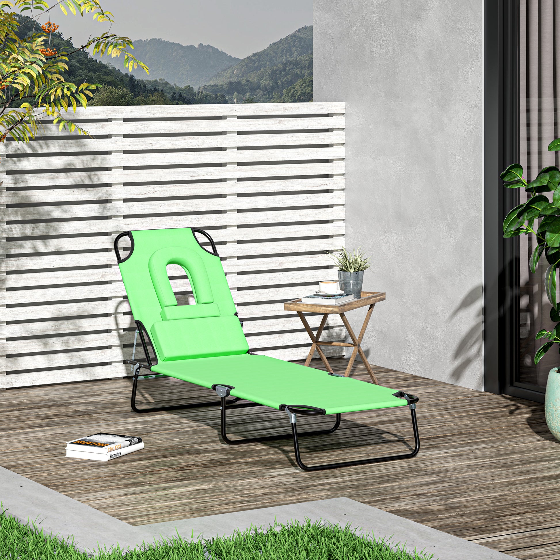 Outsunny Sun Lounger Foldable Reclining Chair with Pillow and Reading Hole Garden Beach Outdoor Recliner Adjustable Green