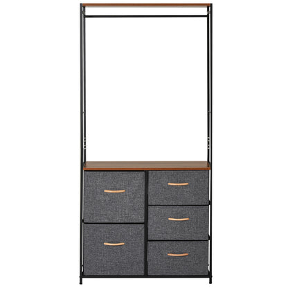 Homcom Chest of Drawers with Coat rack Steel Frame 5 Drawers Bedroom Hallway Home Furniture Black Brown