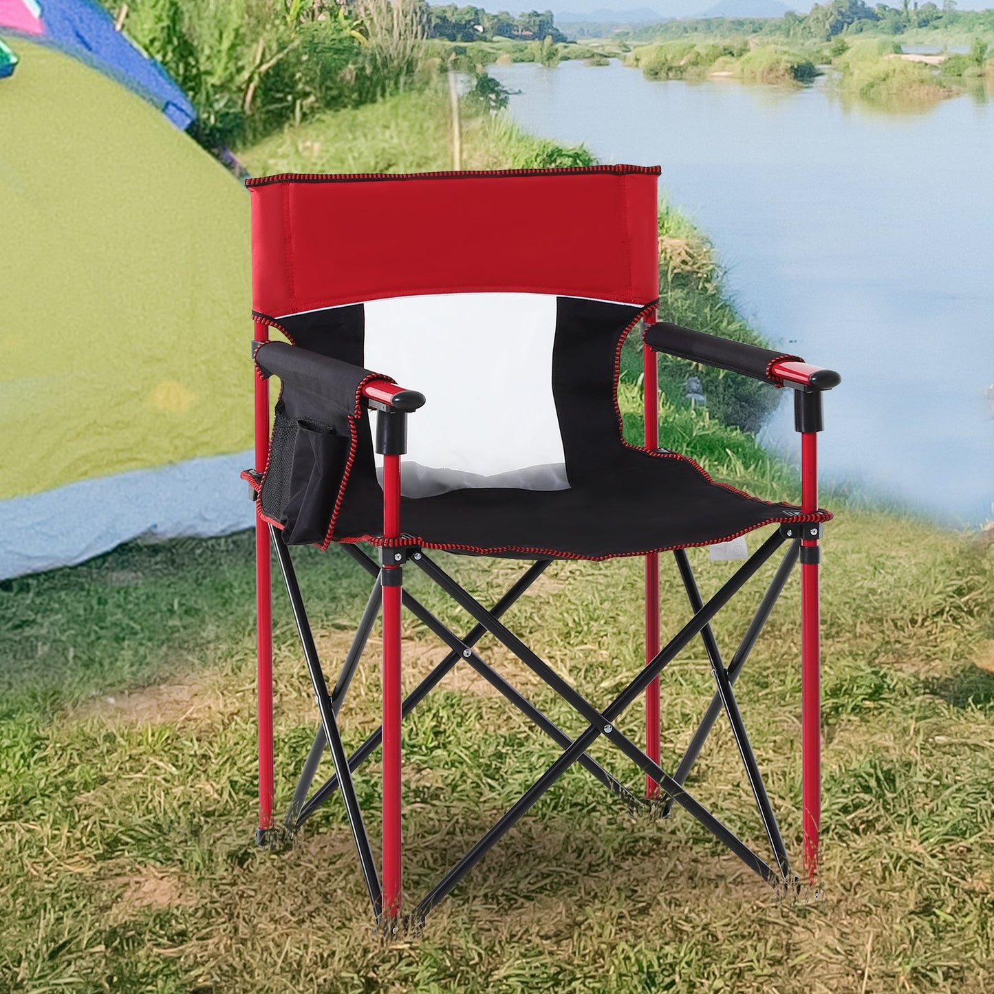 Outsunny Folding Fishing Camping Chair Portable Picnic Armchair Director Seat Oxford Metal Frame with Cup Holder