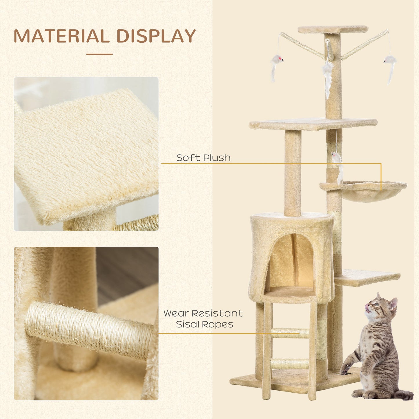 PawHut Cat Scratching Post 5-tier Tall Beige Condo Kitty Activity Centre Scratcher Climbing Tree with Toys Beige