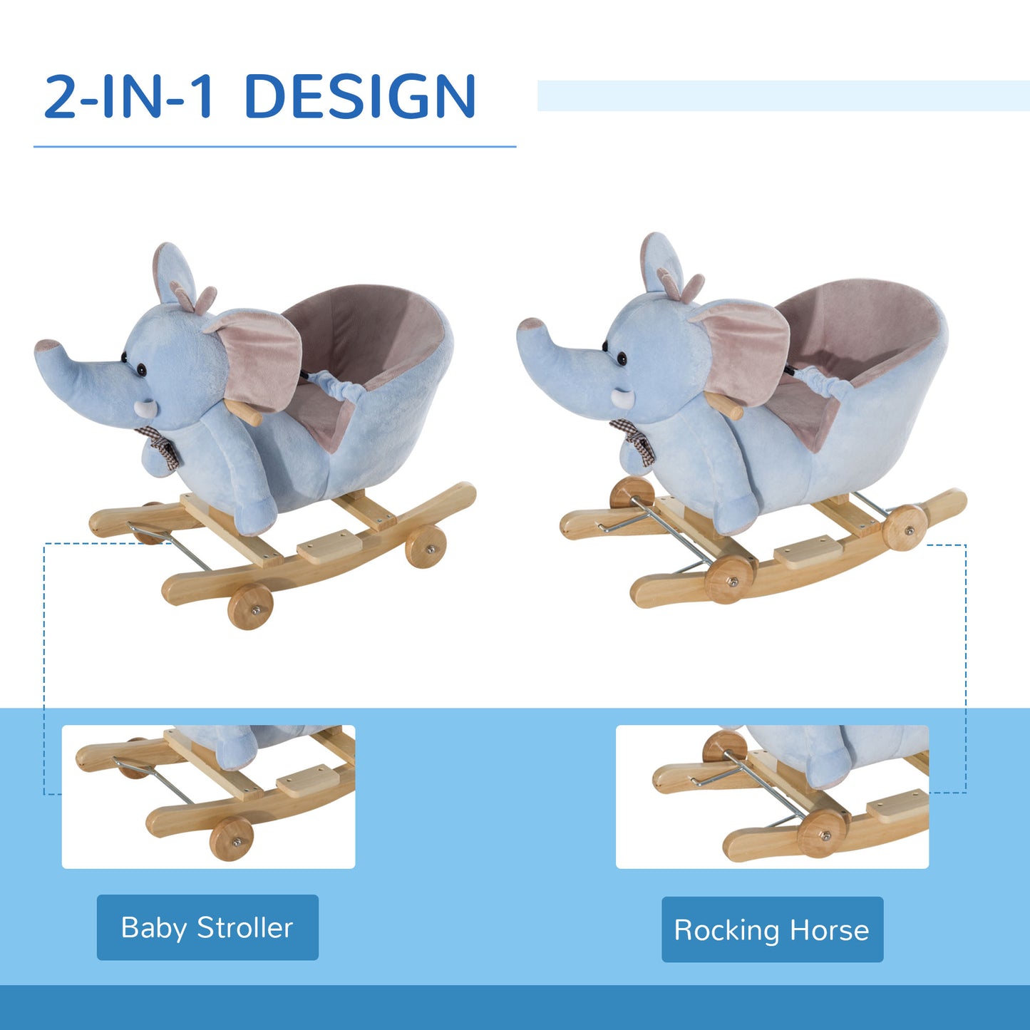 Homcom 2 In 1 Plush Baby Ride On Rocking Horse Elephant Rocker With Wheels Wooden Toy For Kids 32 Songs (Blue)