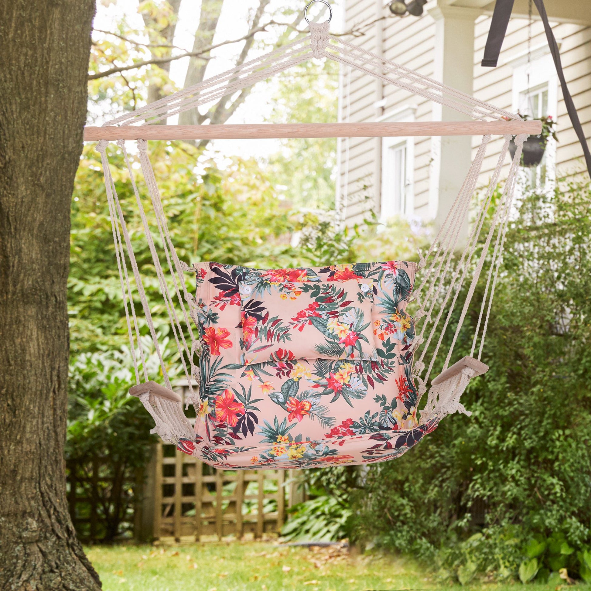 Outsunny 100x106cm Hanging Hammock Chair Safe Rope Frame Pillow Top Bar Bright Floral