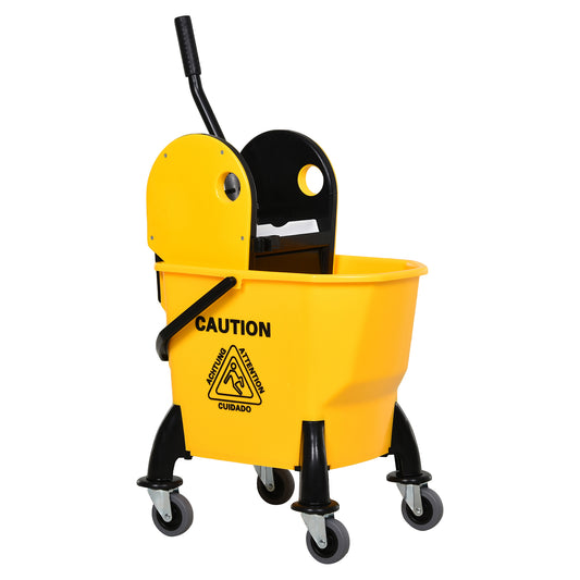 Homcom 26L Mop Bucket & Water Wringer w/ 4 Wheels Plastic Body Metal Handle Pole Holder Home Commercial Cleaning Floor Cart Yellow