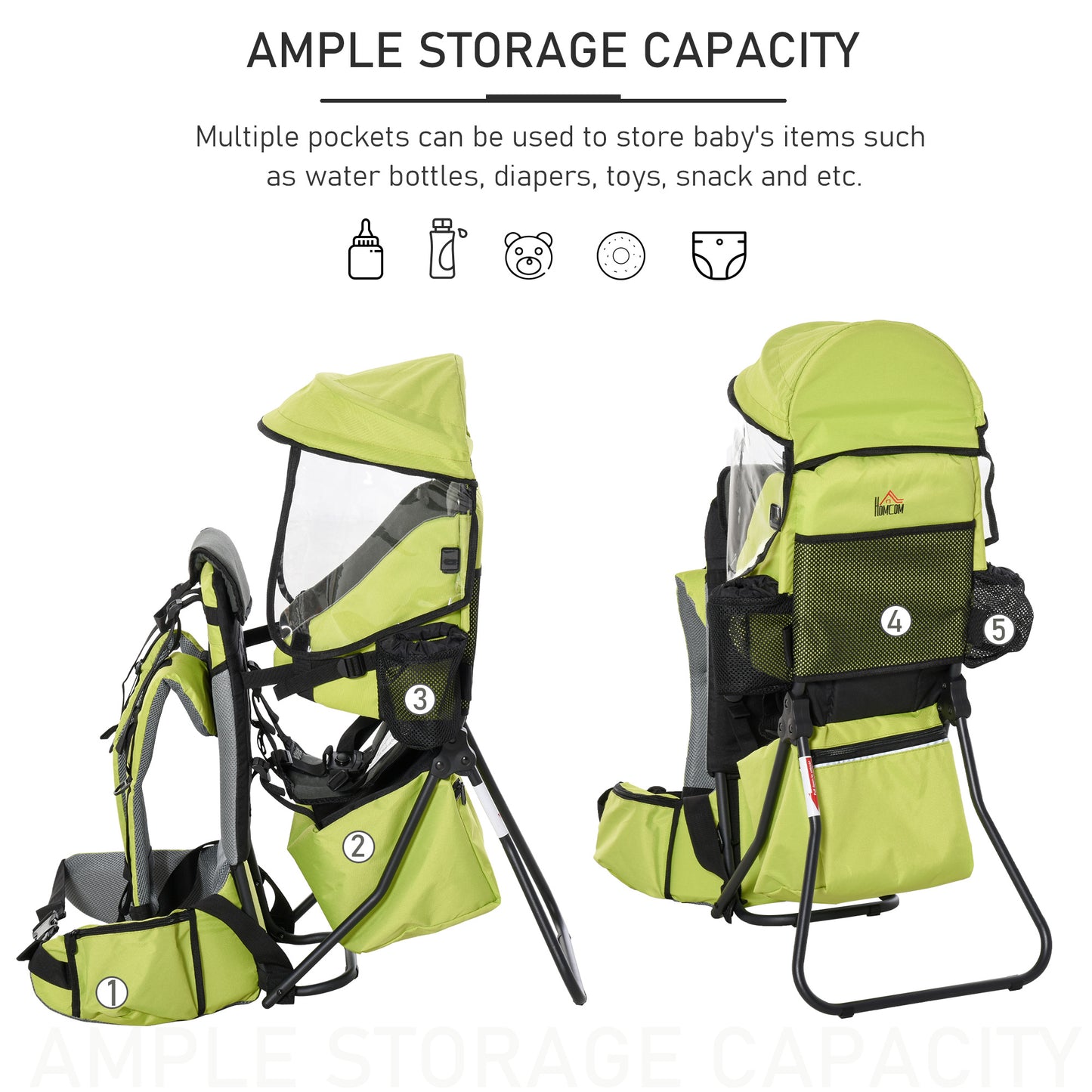 Homcom Baby Backpack Carrier for Hiking with Ergonomic Hip Seat Detachable Rain Cover